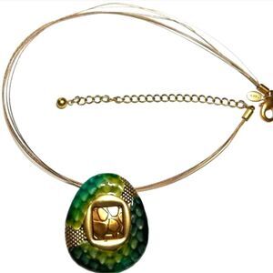 Vintage signed CHICO'S Gold Tone Large Multi Green Enamel Necklace 16-20"